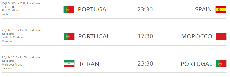Portugal FIFA World Cup 2018 Schedule